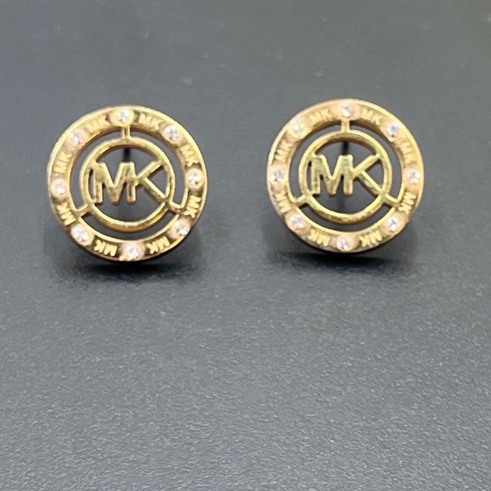 Michael Kors Logo MK Gold Tone Round Crystal Stud Earrings